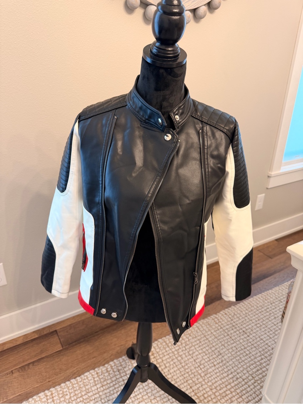 Amazon Black and White Faux Leather Biker Jacket with Red Accents